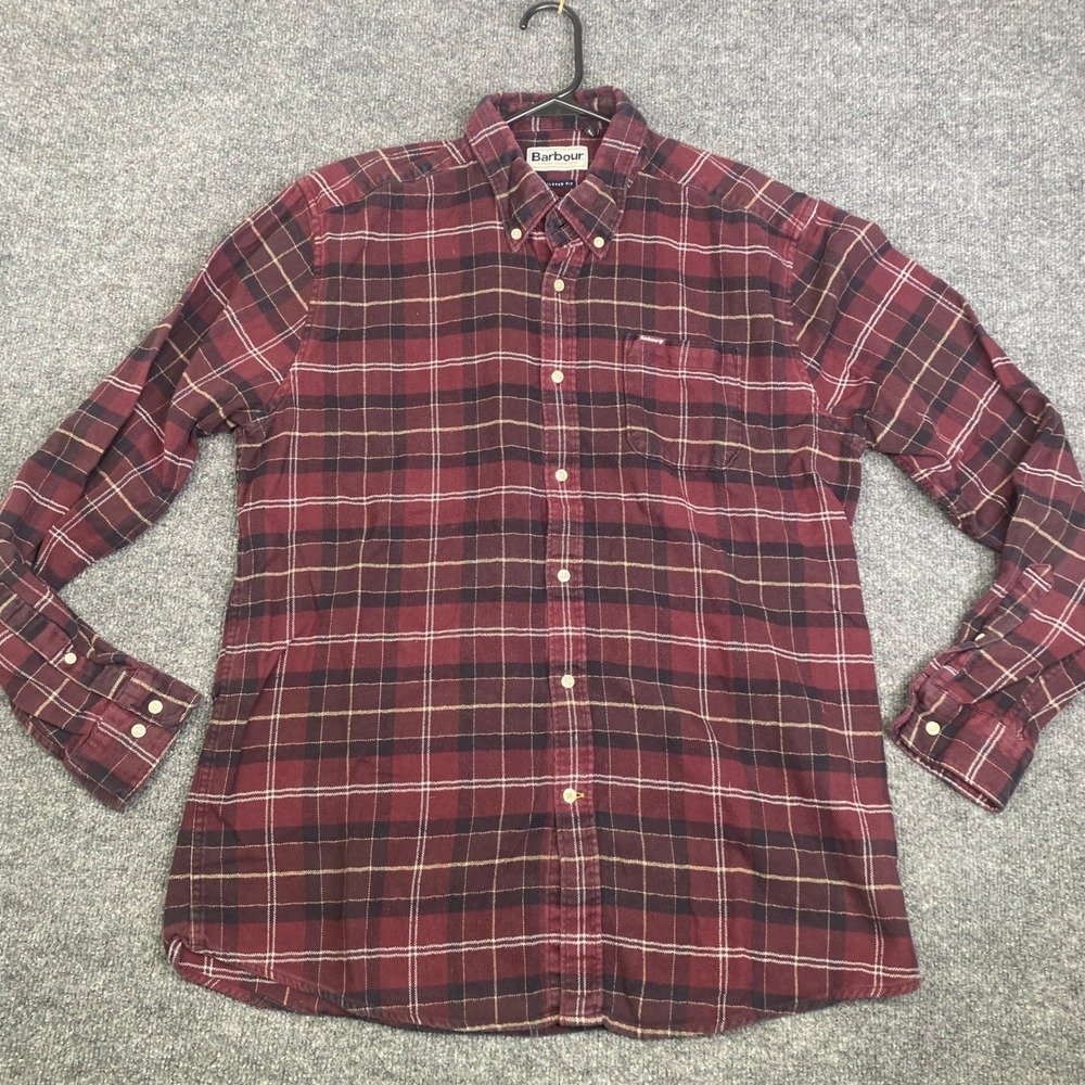 Barbour Mens Tailored Fit Plaid Flannel Shirt Burgundy Blue MSH5014RE89 Large